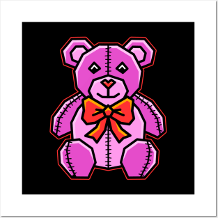 Cute Pink Teddy Grizzzly Bear with Red Ribbon Bow Tie - Think Pink - Teddy Bear Posters and Art